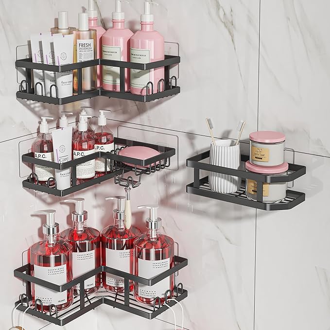 Shower Caddy Corner with Soap Holder, No Drilling Shower Shelves-Rustproof, Adhesive Shower Organizer Corner for Dorm. Black, 4-Pack