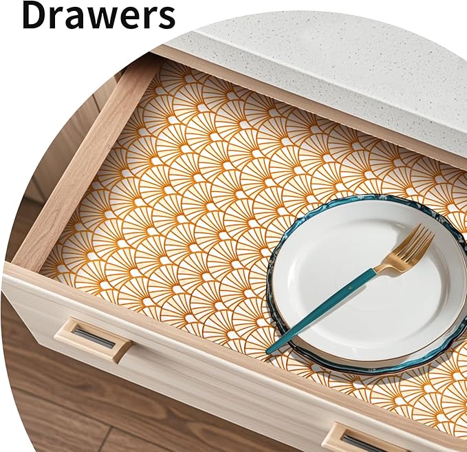 3D Drawer and Shelf Liner for Kitchen Cabinet: 12 in X 30 Ft Waterproof Shelf Paper Non Adhesive Refrigerator Liners Golden Ginkgo Leaf Easy Liners for Bathroom with Knife Tape Measure