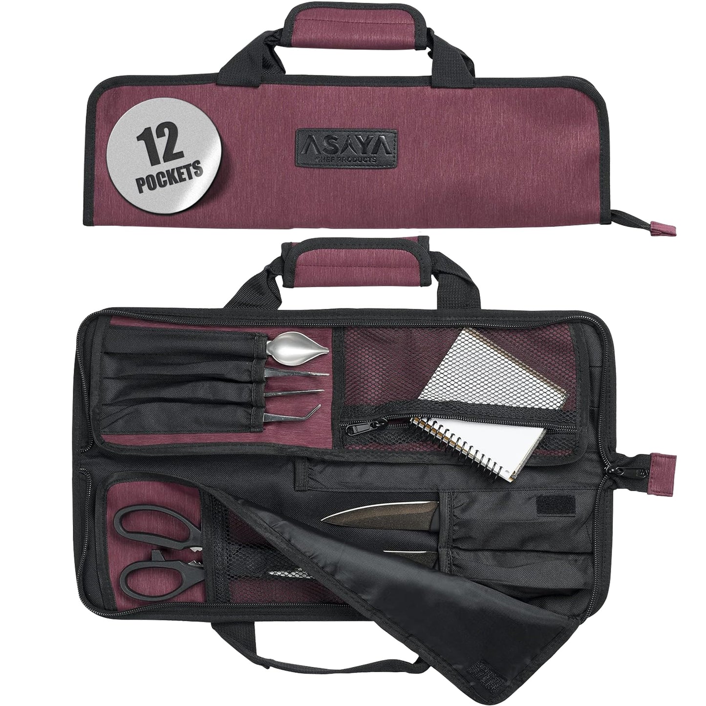 Asaya Chef Knife Roll Bag - 12-Pocket Chefs Case for Kitchen Knives and Utensils, Lightweight Stain-Resistant Waxed Nylon Chef Knife Bag - Knives Not Included (Grey)