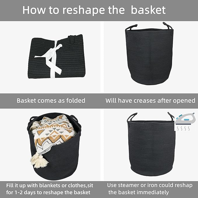 Woven Cotton Rope Laundry basket-15”X20” Laundry Hamper-Rope Storage Basket for Dirty Clothes, Toys and Blankets Perfect for Bathroom, Baby nursery and Living Room Storage (black)