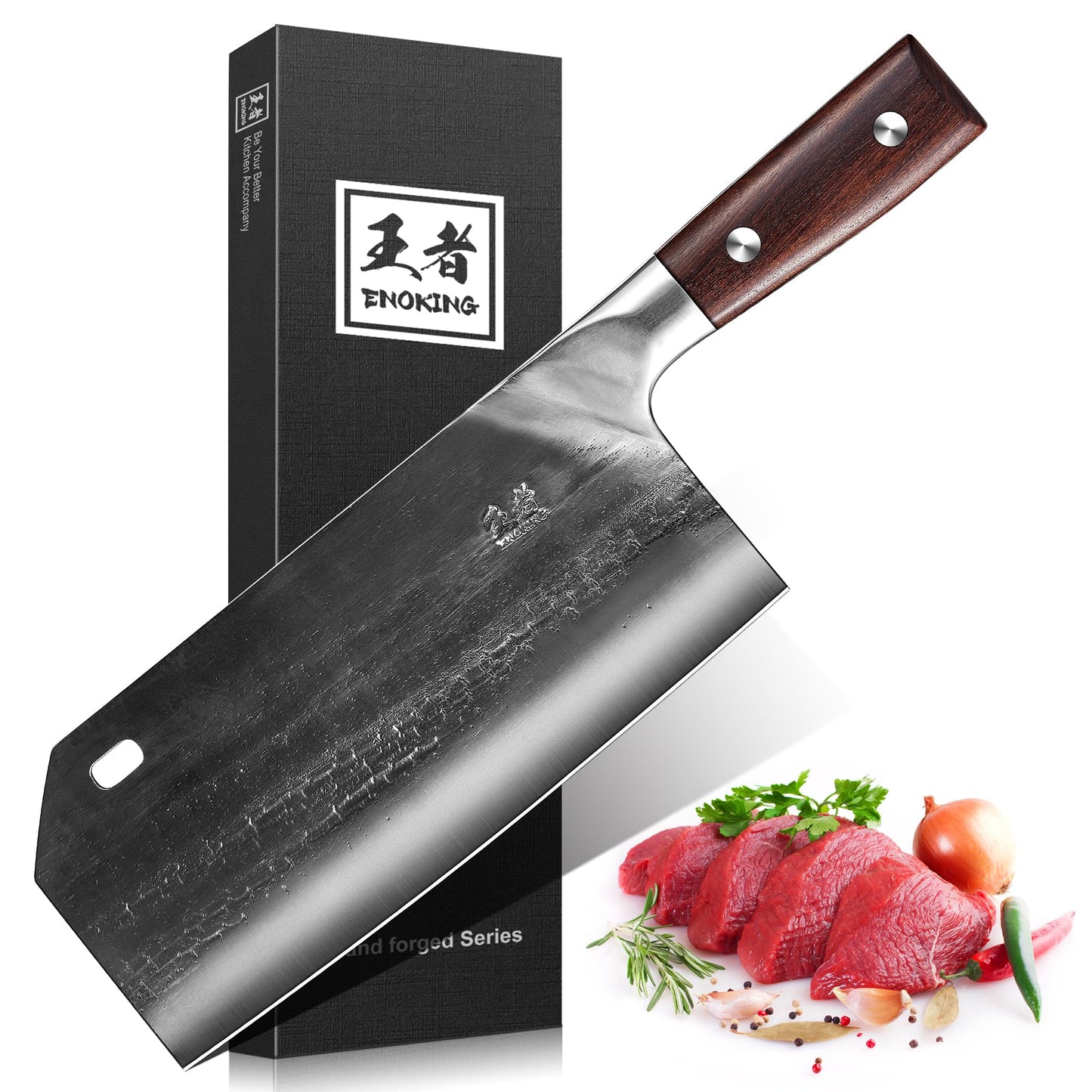 ENOKING 7.1″ Butcher Knife & Chef’s Knives – Hand Forged High Carbon Stainless Steel, Full Tang Meat Cleaver for Kitchen & Outdoor Meat Cutting