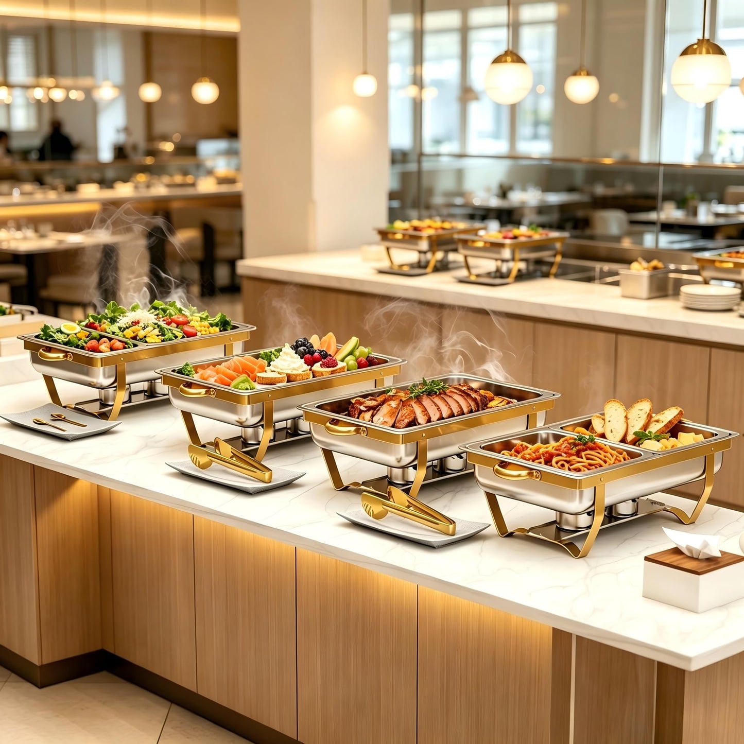 4 Pack Stainless Steel Chafing Dishes for Buffet, 9 QT Capacity 7 Pans Food Warmers for Parties, Weddings, Events Hosting, Family Gatherings, Full Set Catering Server with Serving Utensils Accessories