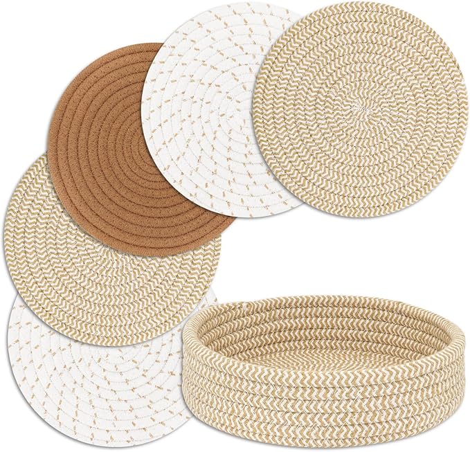 Trivets for Hot Dishes, Pots and Pans, Hot Pads with Storage Basket, Pot Holders for Kitchen, Heat Resistant Mat Protect Counter Home Essentials, Farmhouse Decor (Deep Gray 4 PCS)