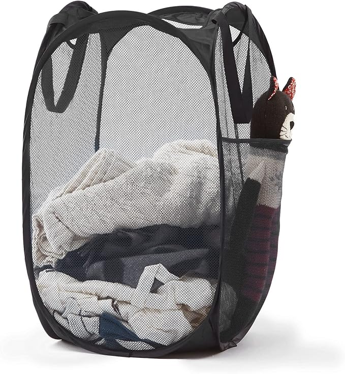 TECHMILLY Upgraded 105L Collapsible Mesh Pop Up Laundry Hamper with Sturdy Handles and Side Pocket - Portable Foldable Clothes Baskets for Dorm, Bathroom & Travel Storage (Black Plus)