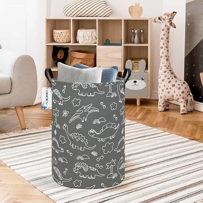 Round Dinosaur Waterproof Laundry Hampers Gift Basket Children's Toy Organizer Bag Room Decoration Basket(Gray Line Dinosaur)
