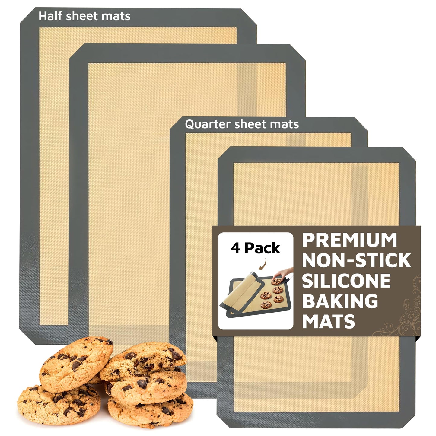 4 Pack Silicone Baking Mat Nonstick 2 Half and 2 Quarter Size - 1/4 Silicone Cookie Sheets for Baking Macaron Cookie Set of 2-2 Pack Thick Heavy Duty Reusable Mats Half Sheet for Kitchen Counter