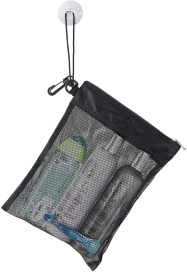 Shower Bag Tote, Mesh Caddy Toiletry Organizer 12”L x 9”W, Compact and Lightweight With Suction Cup, Cord for Hanging, Zipper and Drawstring Pouch 14”L x 10”W, Black