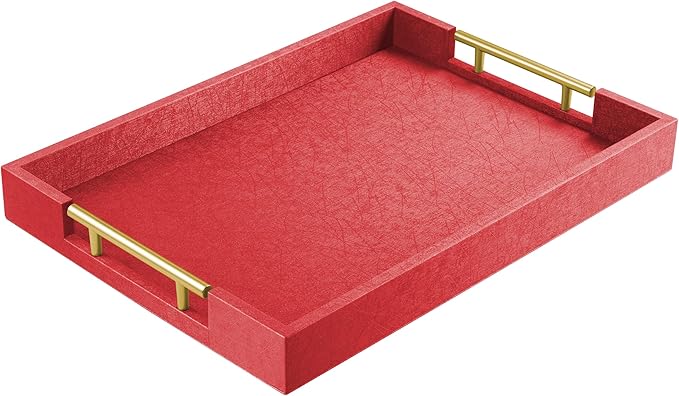 ATZYmolin 17"x12" Leather Serving Tray, Gold Handle Vanity Platter, Gold