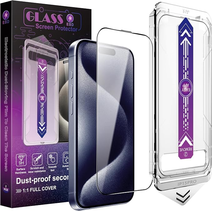 2 Pack Screen Protector for iPhone 15 Pro, 9H Tempered Glass, Full Coverage
