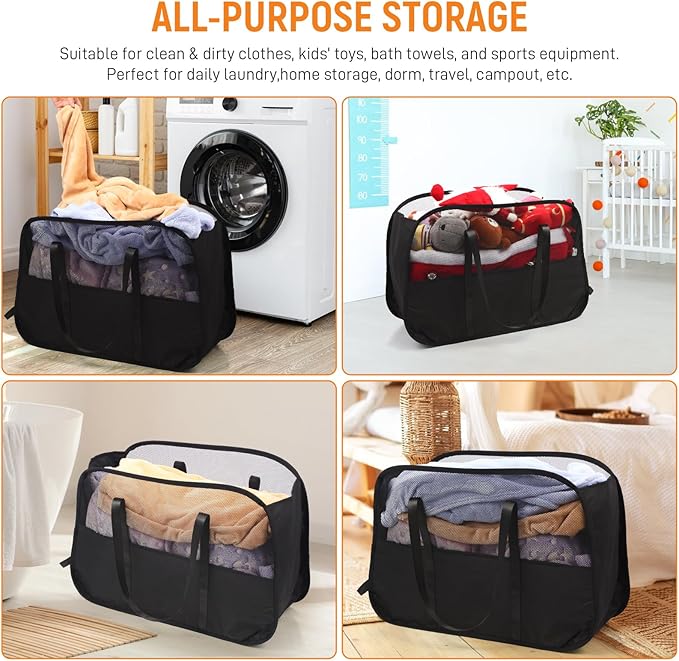 Collapsible Laundry Baskets with Easy Carry Handles, 95L Clothes Hamper for Storage, Foldable Laundry Basket Tear-proof, Large Pop Up Hampers for Laundry, Bedroom, Bathroom, Dorm Black