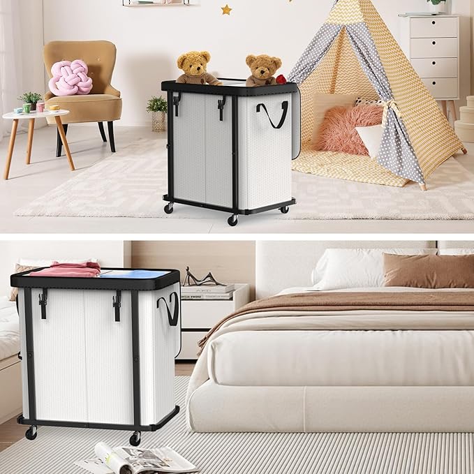 190L (50 Gal) Large Fashion Laundry Basket with Wheels, Leather Patchwork Rolling Hamper Carts, Sturdy Metal Frame, Removable Washable Bag, Tall Clothes Sorter for Bedroom, Laundry Room - Beige