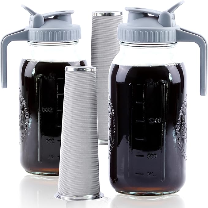 Cold Brew Coffee Maker 32 Oz Mason Jar Cold Brew Pitcher With Strainer 1 Quart Wide Mouth Glass Iced Coffee Maker With Spout Lids Glass Pitcher For Fridge, Sun Tea, Lemonade, Cold Brew