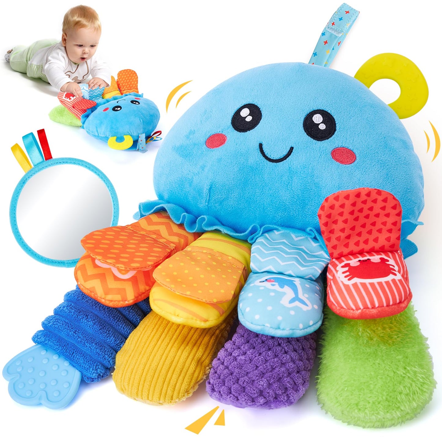 hahaland Baby Sensory Toys 0-6 Month - Soft Tummy Time Toy with Multi-Sensory Crinkle Rattle Mirror for Infants Hanging Carseat Toys Developmental Newborn Montessori Toys for 3 4 5 6 Months