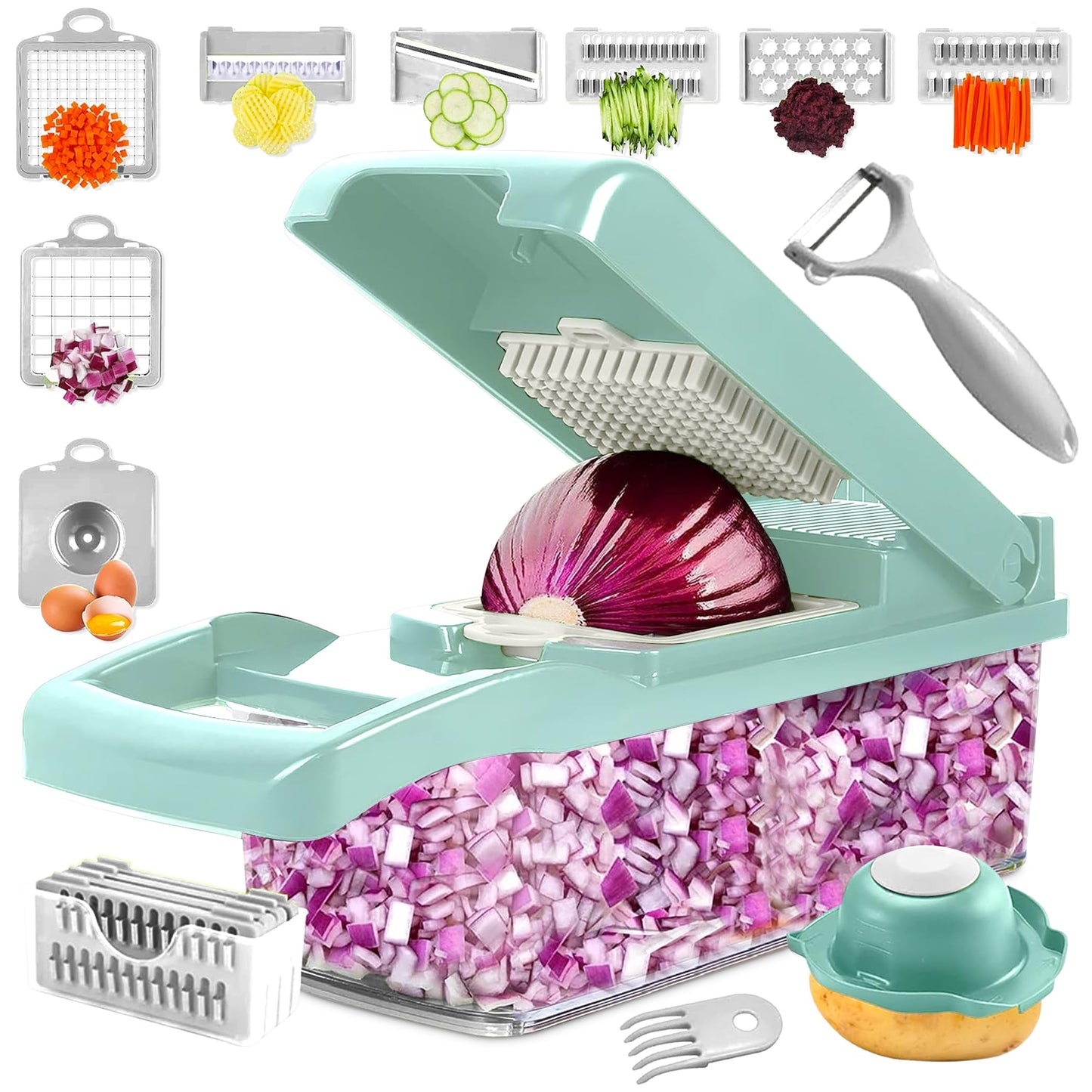 Kitchenvelly Vegetable Chopper 16 in 1 with Container, Veggie Chopper Food Chopper and Dicer, Onion Chopper Vegetable Cutter with 8 Stainless Steel Blades, Easy Meal Prep Kitchen Tool, Green