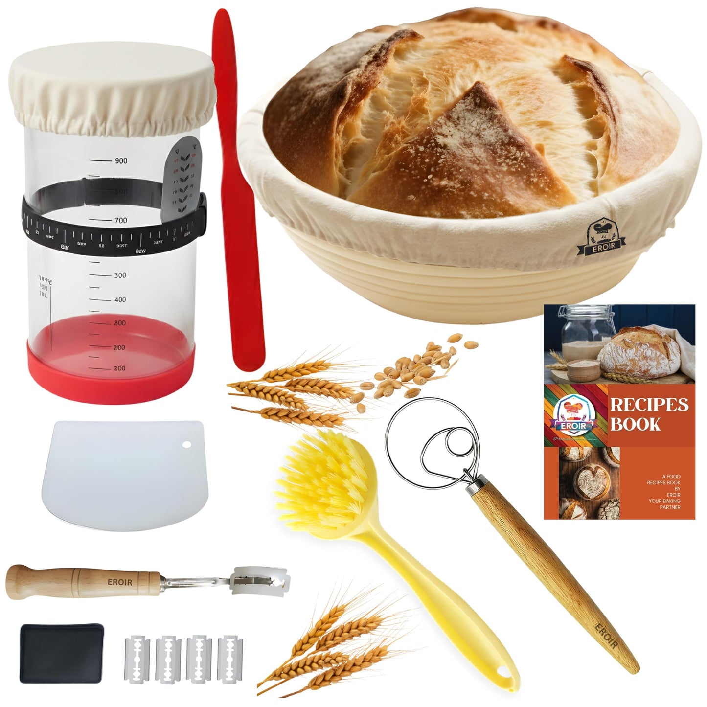 EROIR 13" Danish Dough Whisk Bread Lame Bowl Scraper Set - Dutch Sourdough Whisk Double Eye, Dough Scraper, Bread Scorer with 10 Blades and Leather Cover