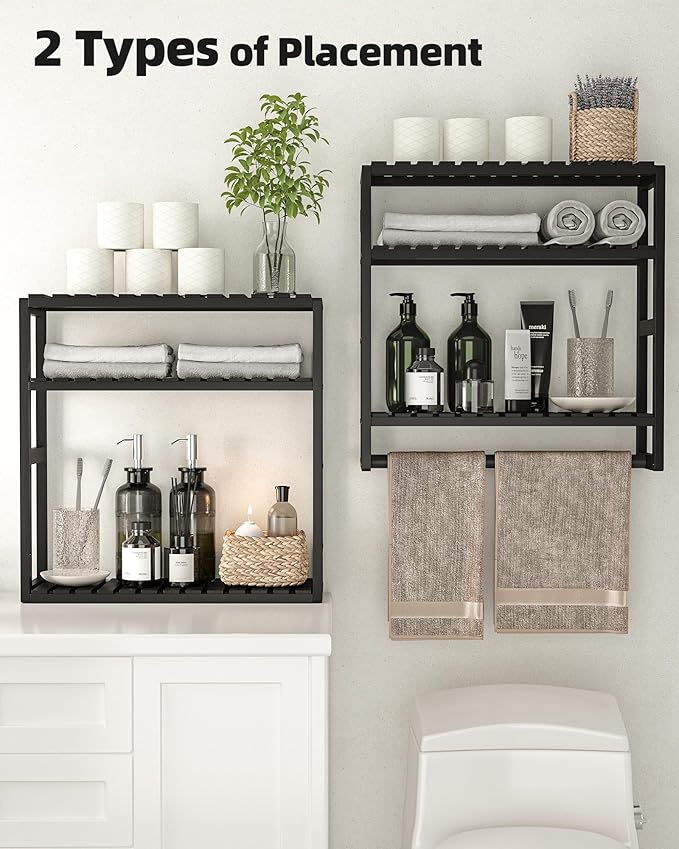 Bathroom Shelves Towel Racks Over Toilet Storage with Towel Bar 3 Tier Floating Wall Mounted Space Saving Bamboo Paper Holder for Bathroom Laundry Room Kitchen Organizers (Black)