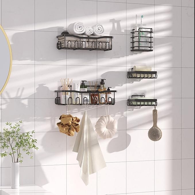 Shower Caddy 5 Pack Rustproof Stainless Steel Bath Organizers With Large Capacity, No Drilling Shelves, Adhesive Shower Caddy, for Bathroom Storage & Home Decor, SC02