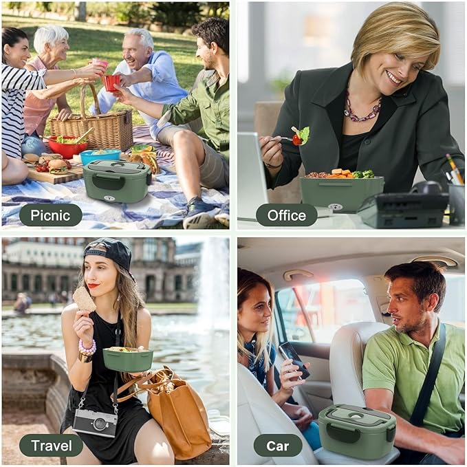 Vabaso Electric Lunch Box for Adults, 80W Heated Lunch Box with Dual 1.5L Stainless Steel Containers, Portable Food Warmer for Men Work Car Truck, 12V/24V/110V/220V