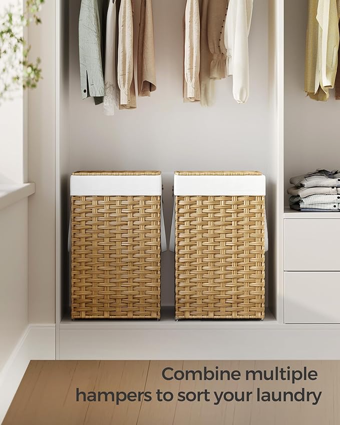 SONGMICS Laundry Hamper with Lid, 17.2 Gallon (65 L) Synthetic Rattan Clothes Laundry Basket with Lid and Handles, Foldable, Removable Liner, Goose Yellow ULCB165N01