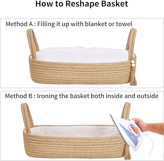 ABenkle Jute Rope Boho Storage Basket, Small Woven Bathroom Organizer, Decorative Toilet Paper Holder for Back of Tank, Hand Towel Caddy, Home Office Desk Decor, Gift Basket-16x6x4 Inch
