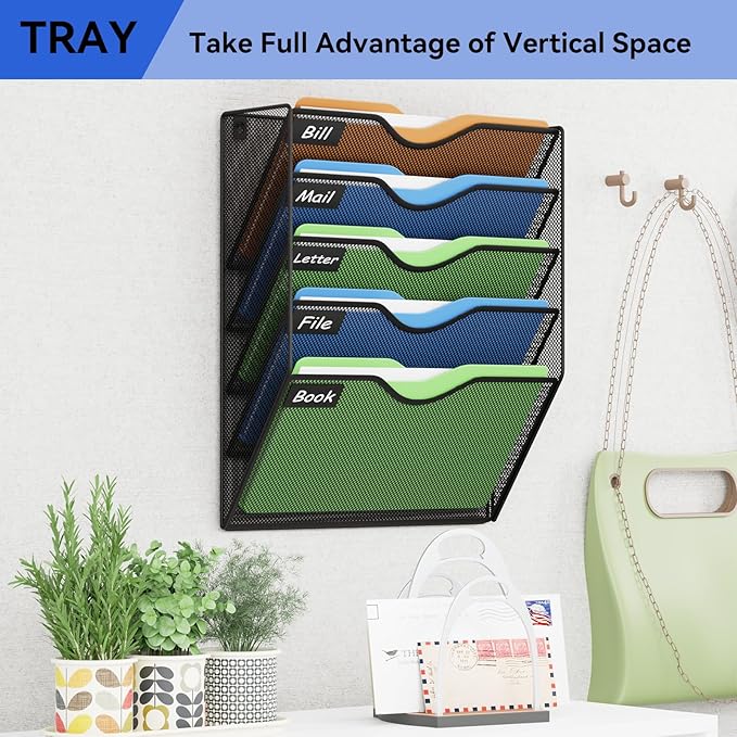 5 Pockets Mesh Hanging Wall File Holder Organizer Wall Mounted Paper Magazine Rack, Black