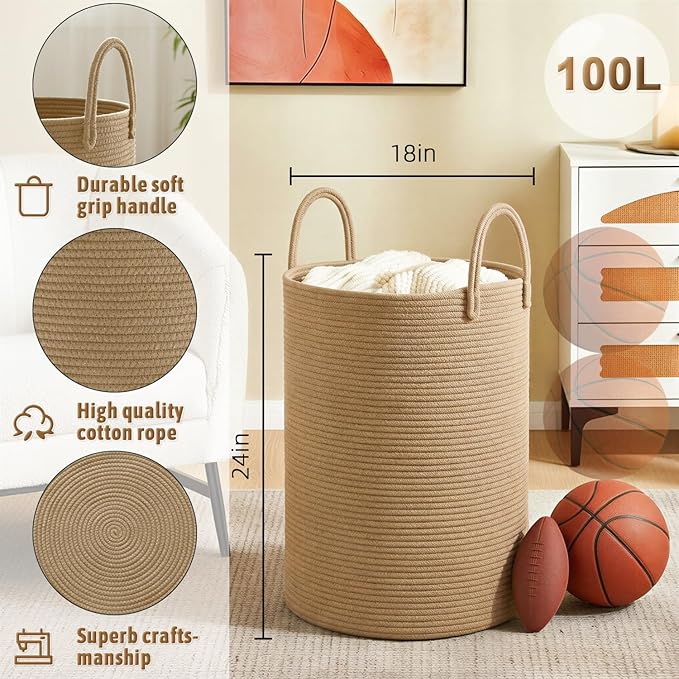 Laundry Basket,Woven Cotton Rope Laundry Hamper,100L for Decorative Storage of Dirty Clothes,Toys and Blankets in Bathroom,Baby Room and Living Room