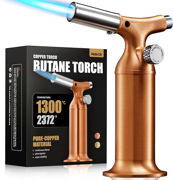 RAVS Butane Torch Lighter with Solid Copper Design, Kitchen Torch Lighter with Adjustable Flame, Refillable Creme Brulee Torch for Cooking, Soldering, Birthday Gifts for Men Women, Butane Not Included