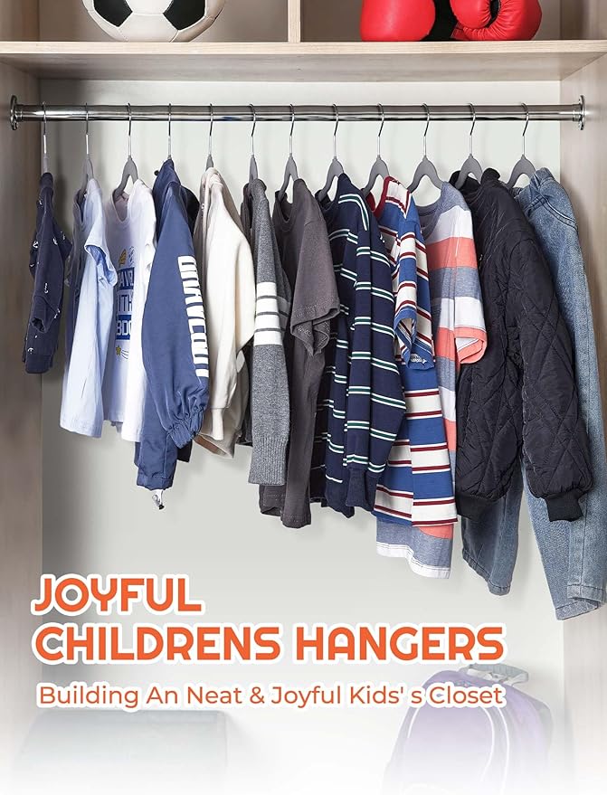 HOUSE DAY 14 Inch Kids Velvet Hangers 50 Pack, Durable Big Kid Hangers for Youth, Teen, Non Slip Kids Felt Hanger, Cute Childrens Hanger for Closet, Grey