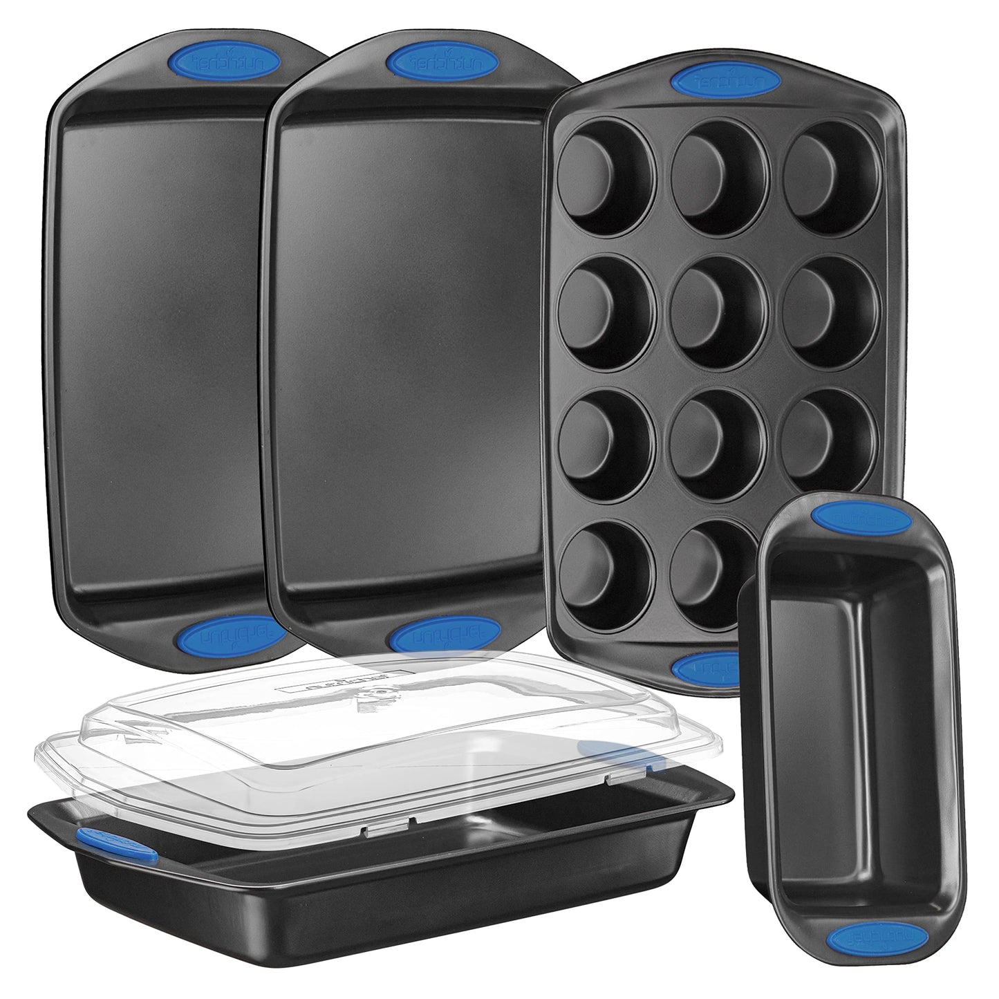 NutriChef 6-Piece Baking Pan Set - Carbon Steel Stackable Bakeware with Red Silicone Handles & Nonstick Coating, Includes Cookie Sheets, Roaster Pan with Lid, Loaf Pan, and 12 Cup Muffin Pan (Black)