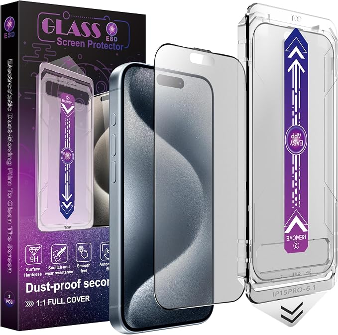 2 Pack Matte Screen Protector for iPhone 15 Pro, 9H Tempered Glass, Full