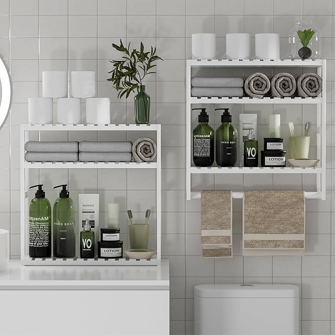 PPN Towel Rack Bathroom Storage Shelves Over The Toilet with Towel Bar 100% Bamboo Adjustable Height Floating Shelf Wall Shower Shelf for Small Space Bathroom Kitchen Multi Usage (White-1Pack)