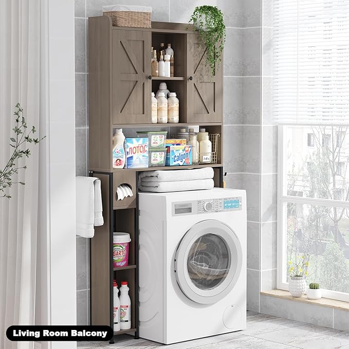 EasyCom Over The Toilet Storage Cabinet with Metal Frame and 7 Storage Shelves, Bathroom Organizer with Adjustable Shelves and Paper Holder, Farmhouse Storage Cabinet for Bathroom, Laundry, Oak Grey