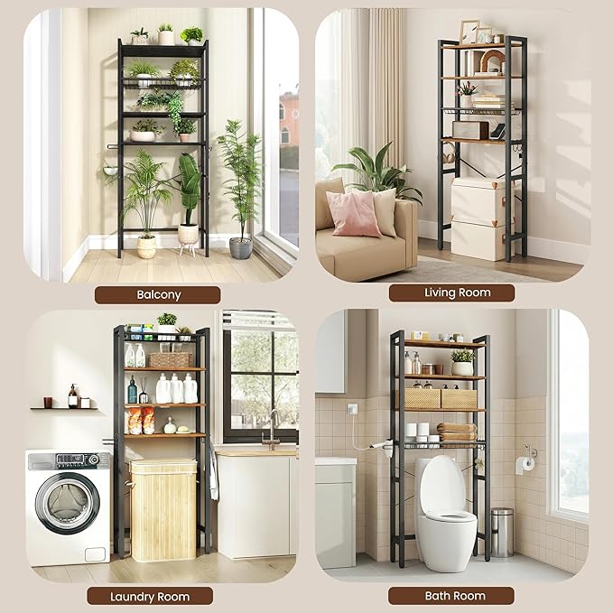 VASAGLE Over The Toilet Storage, Over Toilet Bathroom Organizer with Adjustable Shelves and Basket, 3 Hooks, Space Saving, 9.4 x 23.6 x 68.1 Inches, Rustic Brown UBTS114KD01S