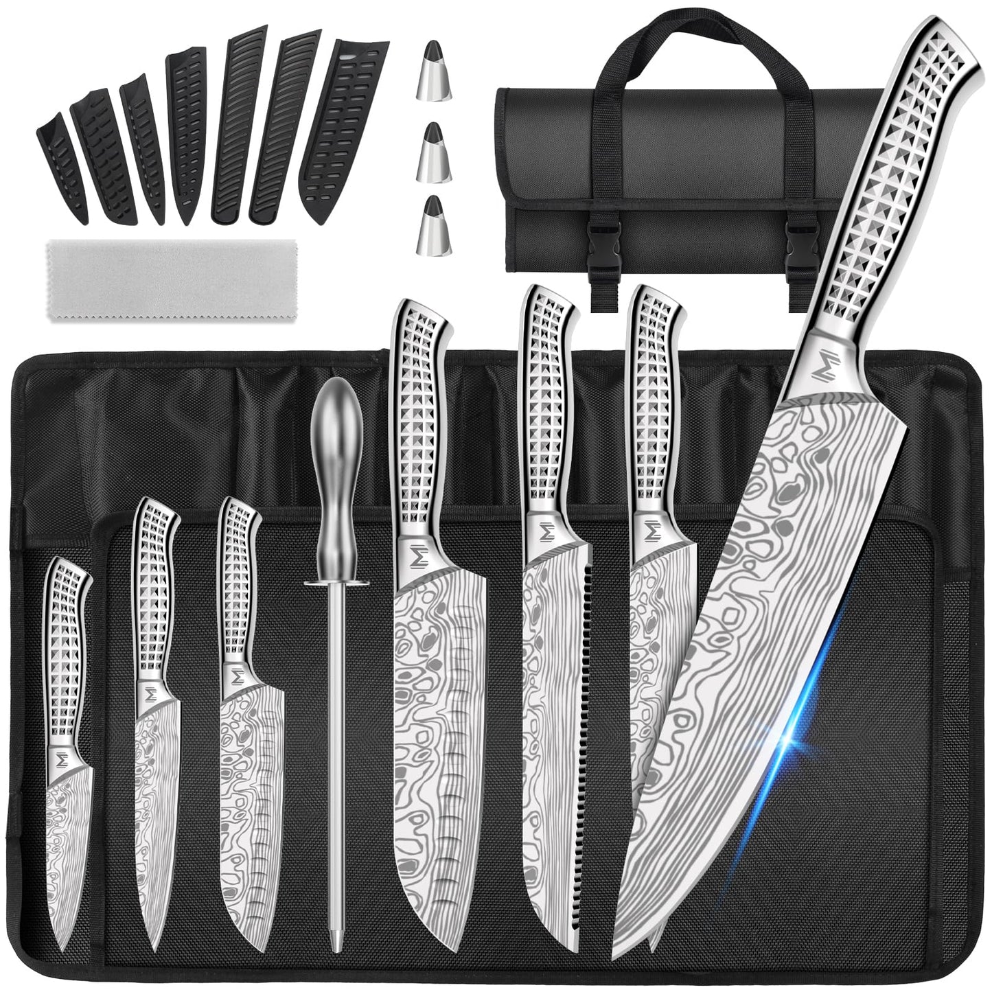 Meleho 12PCS Portable Kitchen Knife Set, High Carbon Stainless Steel Professional Chef Knife Set with Sharpener & Oxford Roll Bag, Suitable for Home, Outdoor Travel, Camping and BBQ