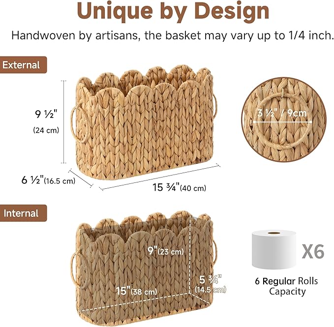 StorageWorks Scalloped Bathroom Toilet Paper Storage Holder, Wicker Toilet Paper Basket for 6 Regular Rolls, Slim Scalloped Basket Organizer with Handles, Water Hyacinth Storage Baskets for Bathroom