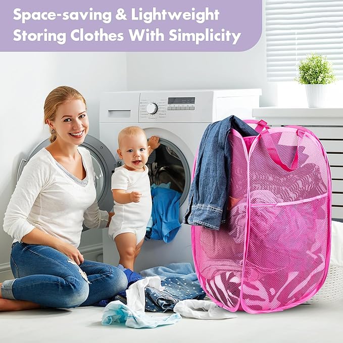 DUCOO Pop Up Hamper, 1 PCS Mesh Pop Up Laundry Hamper, Foldable Mesh Laundry Basket with Space-Saving Design for Home, Dorm, Travel & Storage - Pink