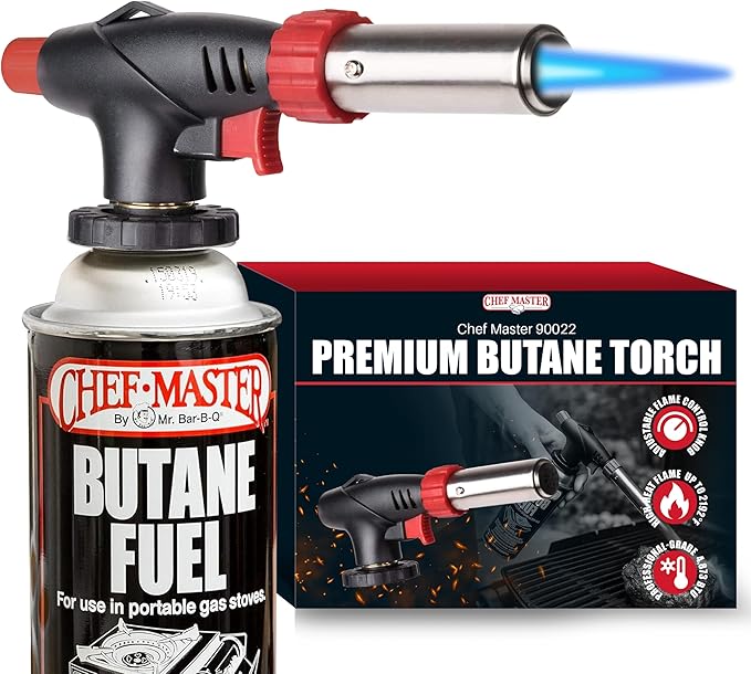 Butane Torch Lighter w/ 4 x 8oz. Butane Fuel Tin Canister Combo, Refillable Kitchen Torch & Adjustable Flame Cooking Torcher for Creme Brulee, Dessert, Meats, Indoor & Outdoor BBQ by Chef Master 90022