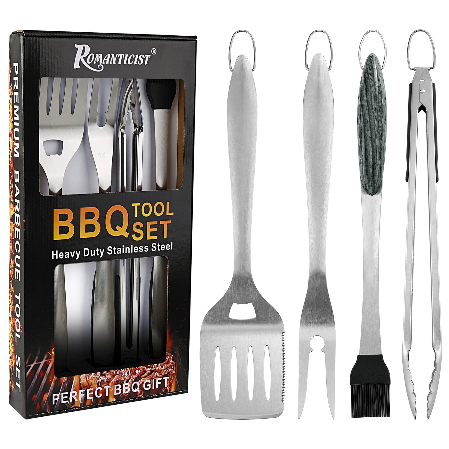 ROMANTICIST 4pcs Heavy Duty Grill Accessories for Top Chef - Professional Grill Tool Set & Basic BBQ Tools for Backyard Restaurant Outdoor Kitchen - Deluxe Grill Gift for Dad on Father’s Day Christmas
