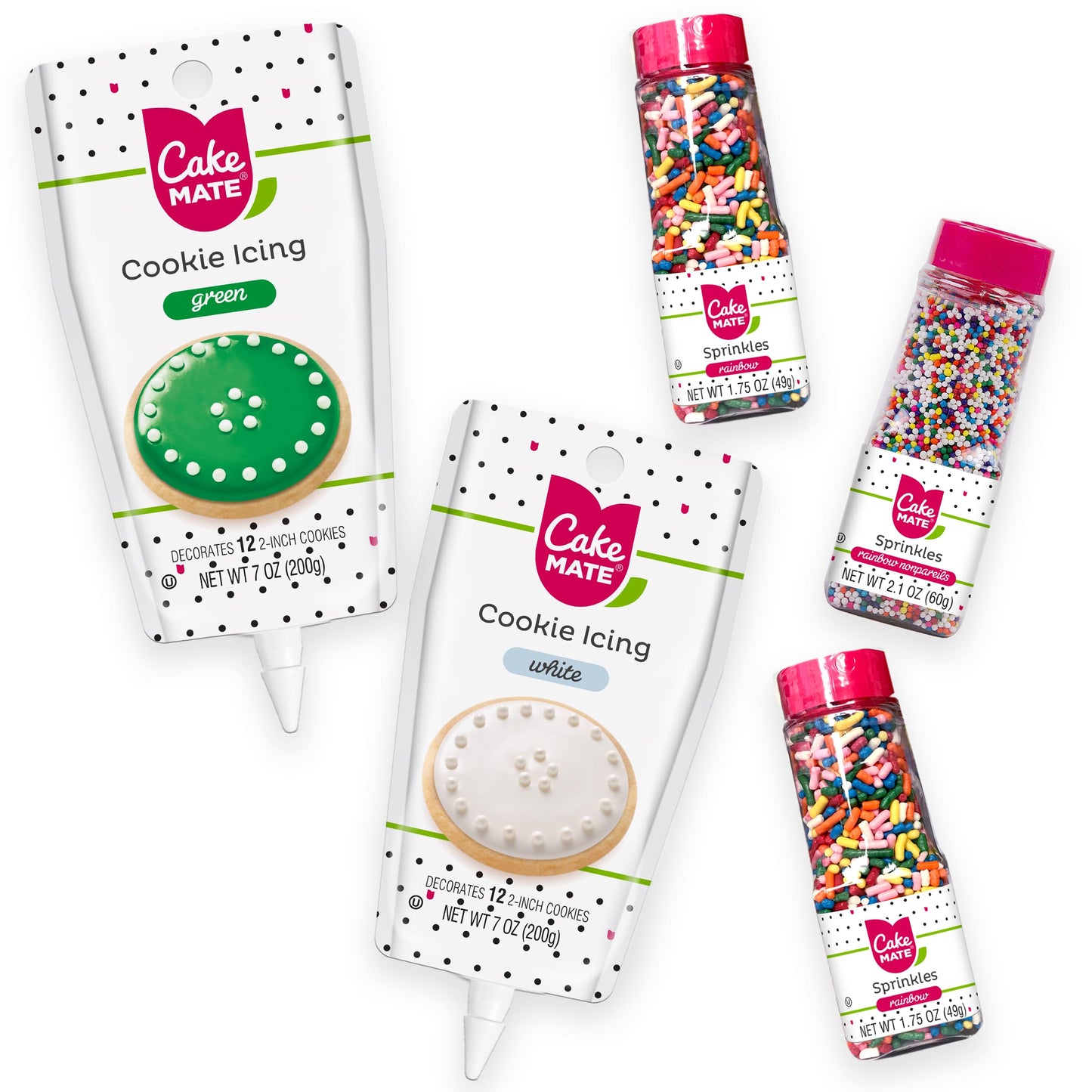 Cake Mate Christmas Cookie Decorating Kit – Red & Green Decorating Sugar (2.25 oz), White, Red & Green Cookie Icing Pouches (7 oz), Jingle Mix Non Pareil (2.1 oz) – Holiday, Cake, Cupcake & Dessert