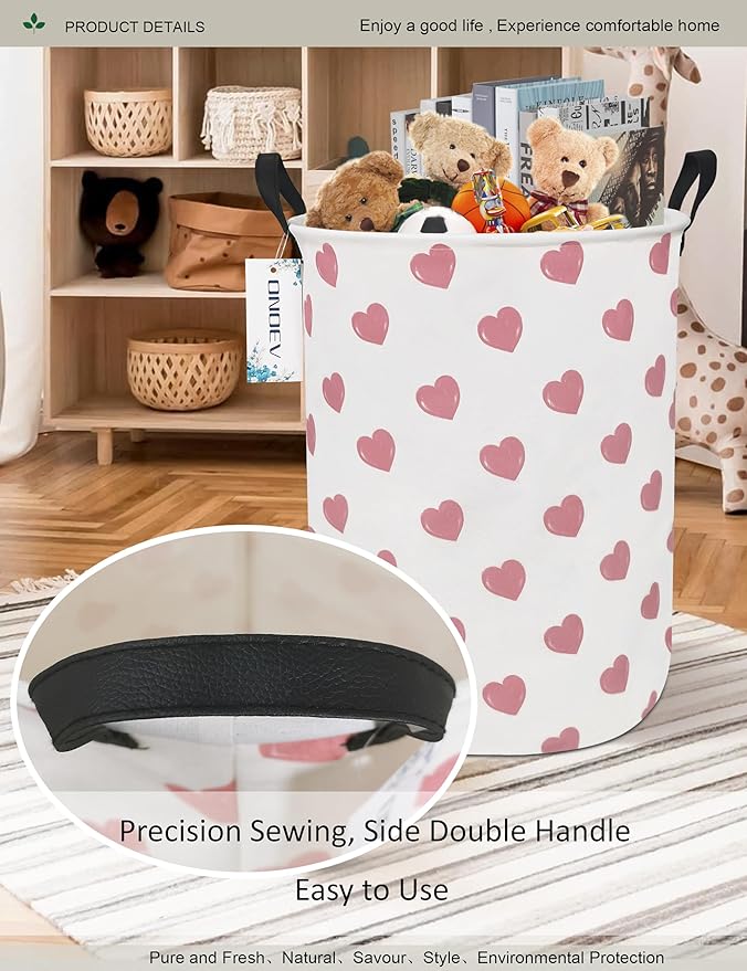 Round waterproof laundry basket,foldable storage basket,laundry Hampers with handle,gift basket,suitable for children's room and toy storage (Pink Hearts)