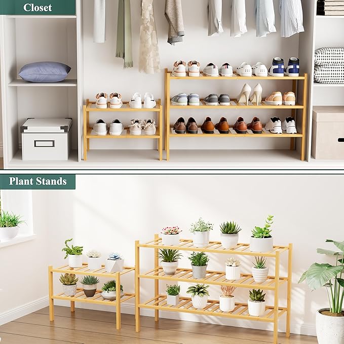 Smiry Shoe Rack, 3 Tier Small Bamboo Shoe Organizer, Stackable Free Standing Wooden Shoe Storage Shelf for Closet, Entryway, Front Door Entrance, Natural