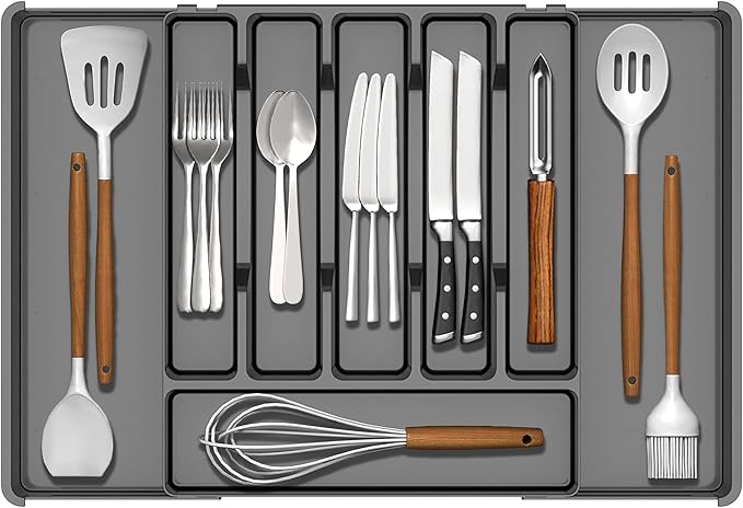 Baosia Silverware Drawer Organizer, Expandable Utensil Tray for Kitchen Drawers,BPA Free Flatware and Cutlery Holder,Adjustable Plastic Storage for Utensil like Spoons, Forks, Knives.Clear