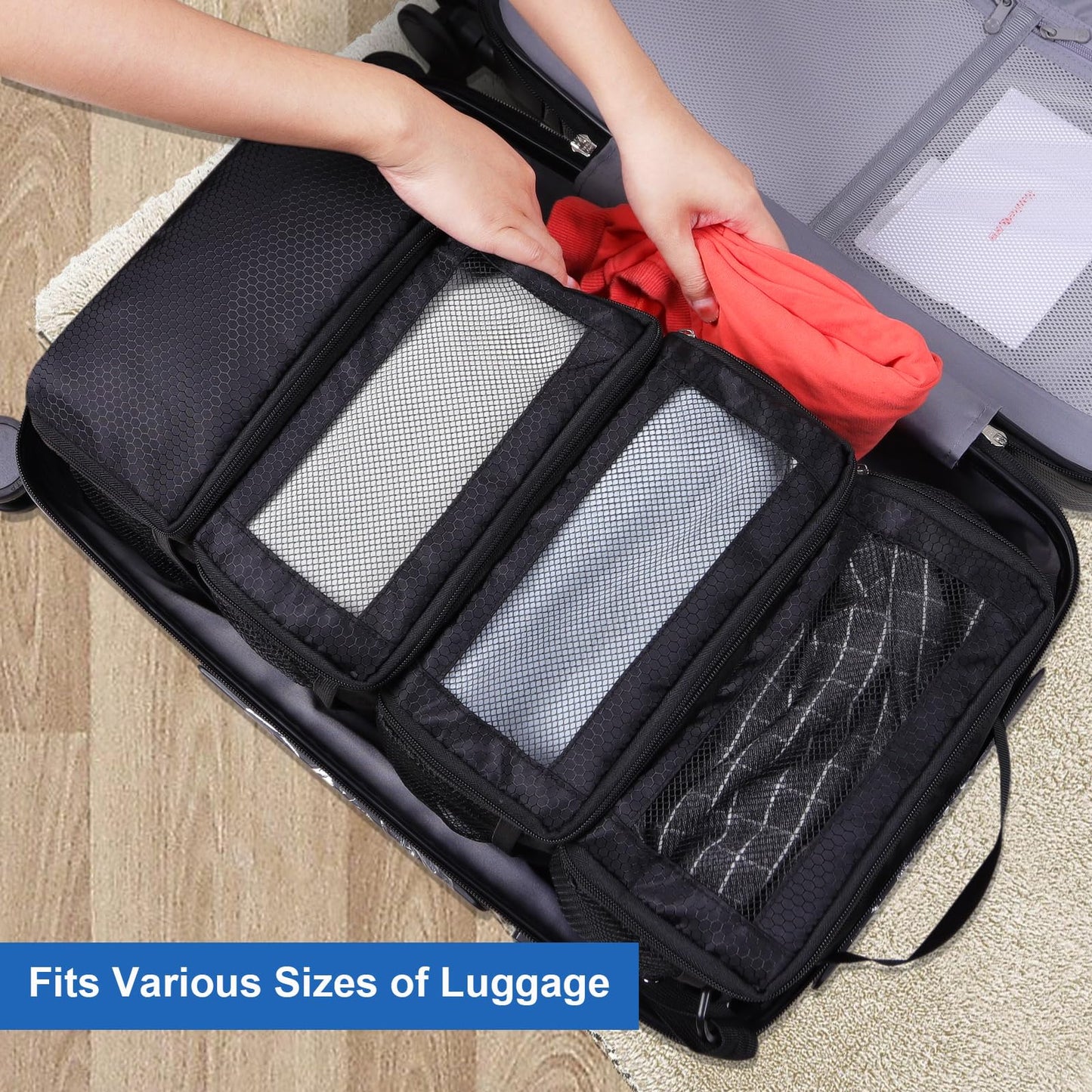 Olosar Suitcase Organizer, Travel Luggage Organizer Portable Hanging Travel Shelves Collapsible Hanging Packing Cubes for Carry on Suitcase, Black