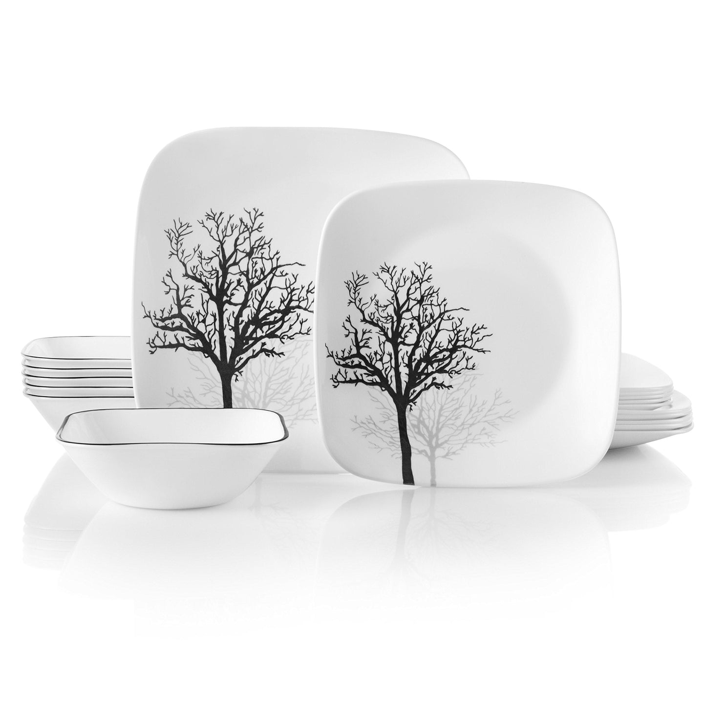 Corelle Vitrelle 18 Piece Glass Dinnerware Sets Rectangular Square Plate and Bowl Set Service for 6, Triple Layer Chip & Crack Resistant Glass Plate and Bowl Sets, Wandering Grove