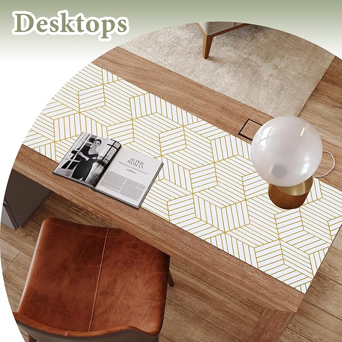 Shelf Liners for Kitchen Cabinets 35.4 in X 19.69 Ft, Non Adhesive Cabinet Liner Strong Non-Slip Thickened Gold Geometric Drawer Liner, Easy to Clean for Shelf, Cabinet with Knife and Tape Measure