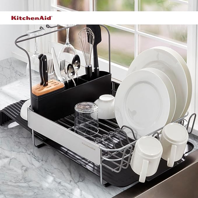 KitchenAid Compact to Full Size Expandable, Rust Resistant Satin Coated Dish Rack with Angled Self Draining Drain Board and Removable Flatware Caddy, 24-Inch, Charcoal