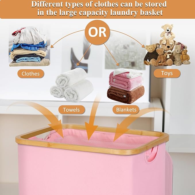 100L Laundry Hamper with Lid, Lagre Basket with Bamboo Handles,Foldable Clothes Hamper Tall Dirty Laundry Basket for Clothes Toys Towels Organizing,Pink