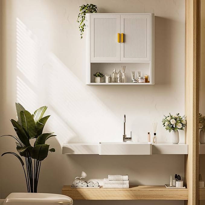 Bathroom Wall Cabinet, Wall-Mounted Medicine Cabinet with Adjustable Wood Shelf & Doors, Floating Bathroom Cabinet Over Toilet for Laundry Room & Kitchen & Living Room (White)