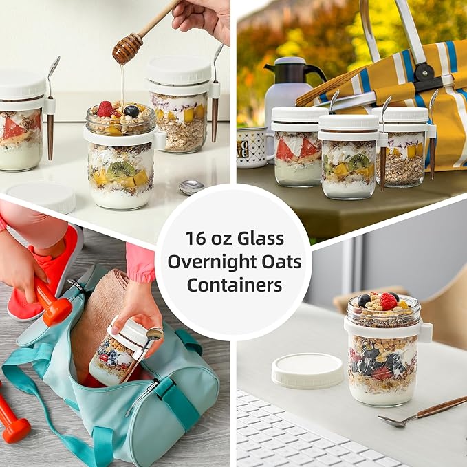 LANDNEOO 4 Pack Overnight Oats Containers with Lids and Spoons, 16 oz Glass Mason Jars with Airtight Lids, Overnight Oats Jars for Milk, Cereal, Fruit-White