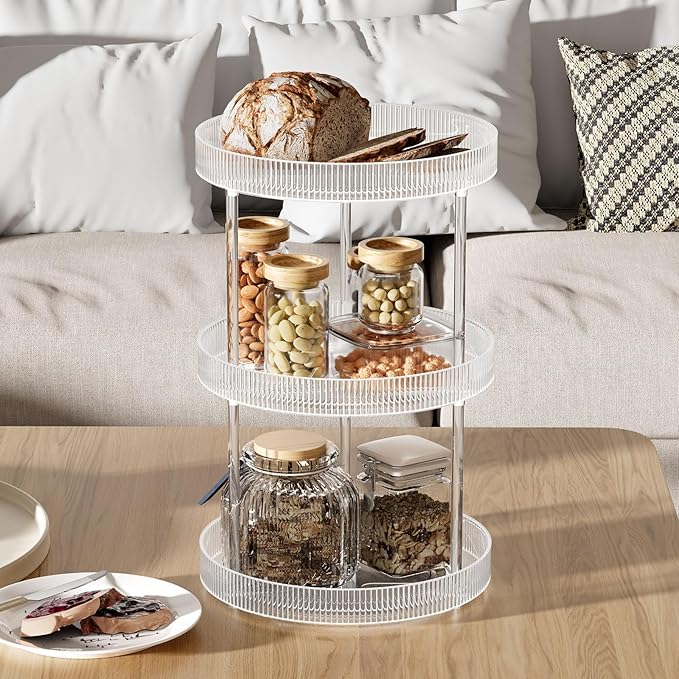 360° Clear Rotating Storage Tray, 2 Tier Lazy Susan Bathroom Countertop Organizer, Cosmetics and Perfume Organizer, Spinning Storage Tray Vanity Organizer Shelf for Bathroom Cabinet, Kitchen(Medium)